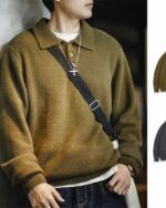 Photo d'un homme portant un pull polo vintage vert avec une sacoche et le produit dans sa variante de couleur à côté.