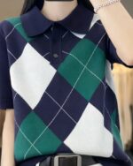 Polo à motifs de losanges bleu, vert et blanc