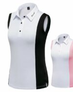 Photo de deux polos sans manche bicolores au premier plan un blanc à bandes latérales et boutons noirs et au secon plan plus petit un blanc à bandes latérales et boutons roses enfilés sur des mannequins le tout sur un fond blanc