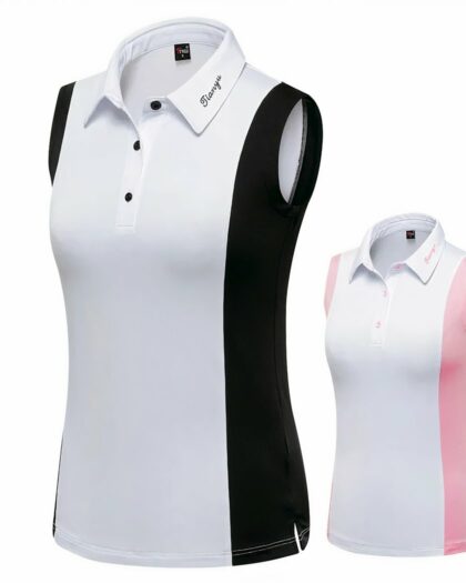 Photo de deux polos sans manche bicolores au premier plan un blanc à bandes latérales et boutons noirs et au secon plan plus petit un blanc à bandes latérales et boutons roses enfilés sur des mannequins le tout sur un fond blanc