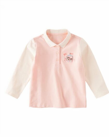 Polo décontracté rose et blanc manches longues pour petite fille