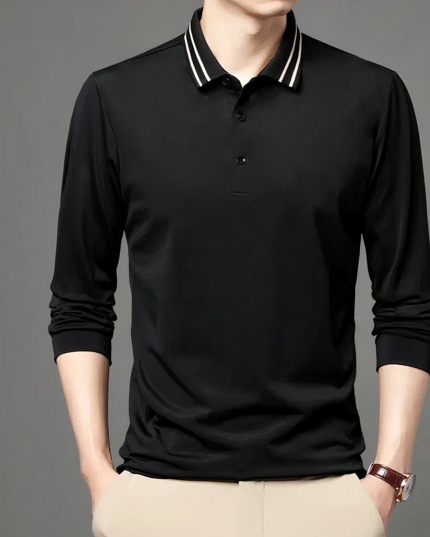 Polo A Col Raye Et Manches Longues Pour Homme Noir Xxxl