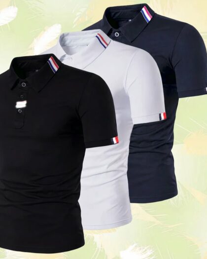 Trois polos à manches courtes sur un fond jaune.