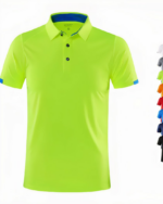 Polo à manches courtes sur fond blanc. On voit également les déclinaisons de couleur sur le côté.