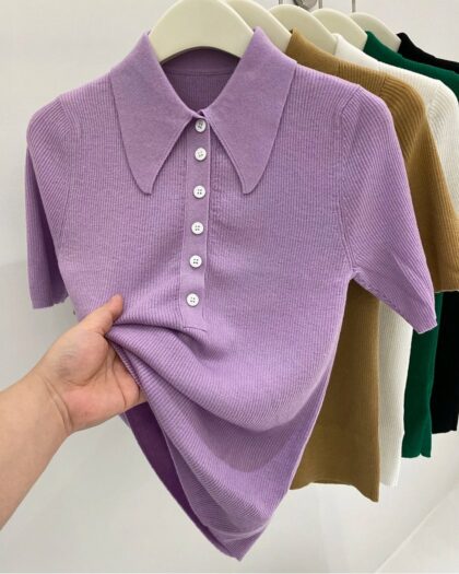 Polo à manches courtes pour femme en tricot de laine mérinos