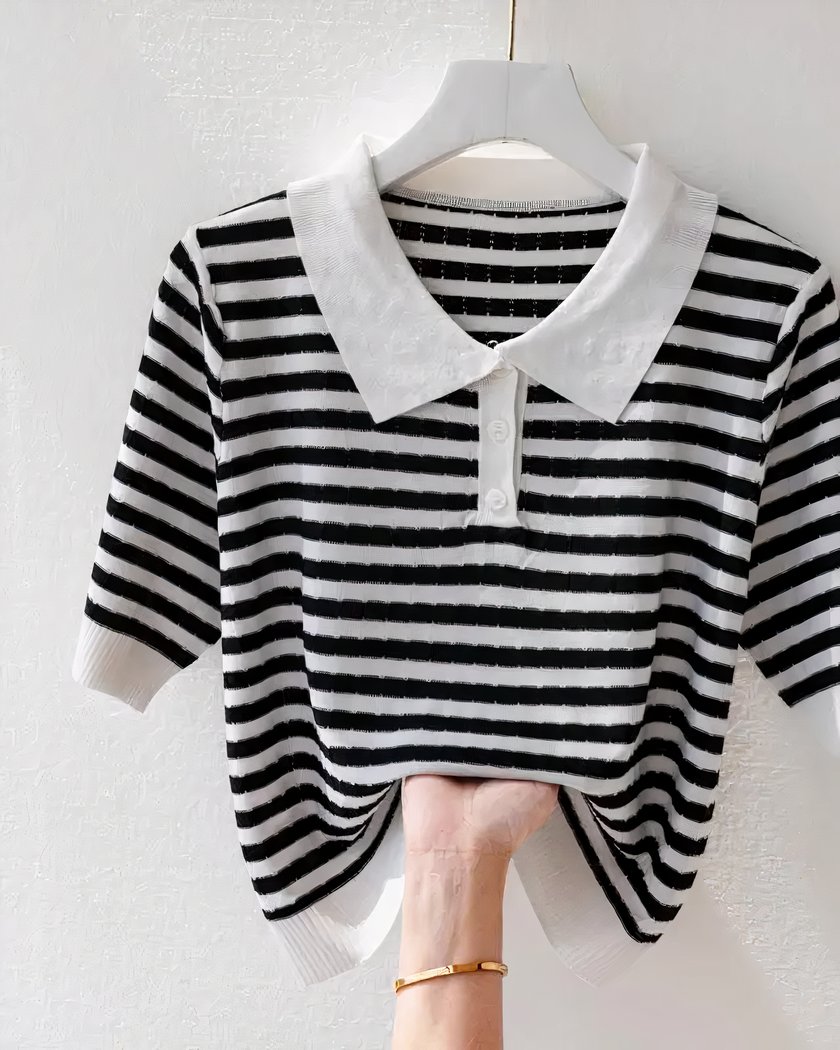 Polo A Manches Courtes Pour Femme Raye En Tricot
