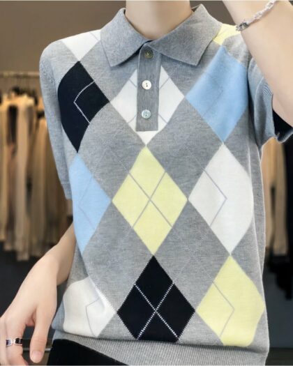 Polo à manches courtes pour femme, tricot à losanges