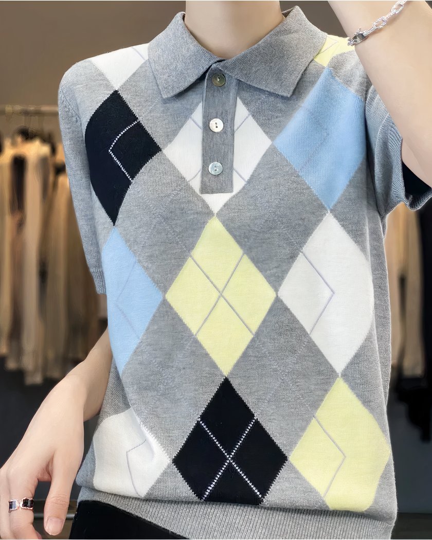 Polo A Manches Courtes Pour Femme Tricot A Losanges Gris L