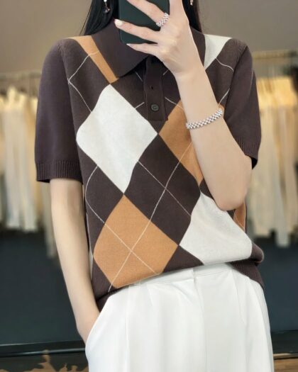 Polo à manches courtes pour femme, tricot à losanges