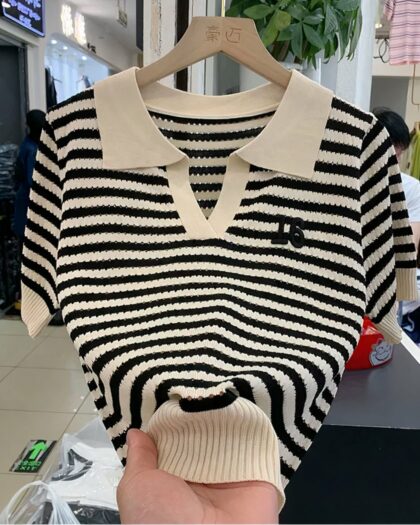 Polo à manches courtes pour femmes, rayé blanc, beige, noir en tricot