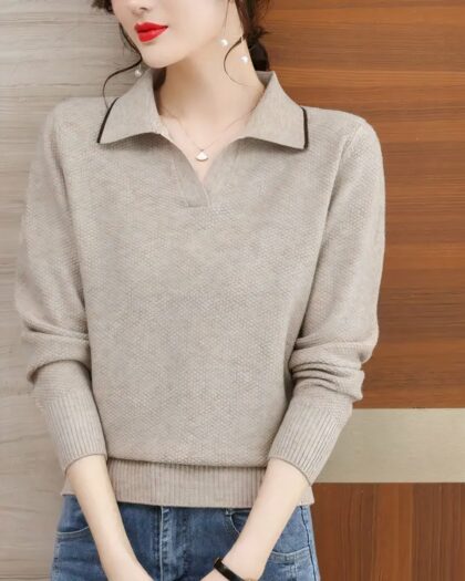 Polo à manches longues pour femme en tricot avec un liseret au col