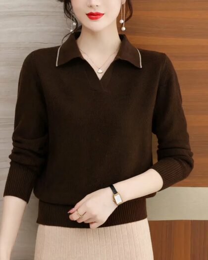 Polo à manches longues pour femme en tricot avec un liseret au col