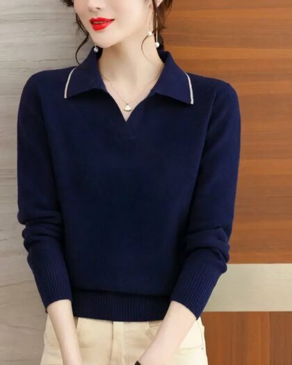 Polo à manches longues pour femme en tricot avec un liseret au col