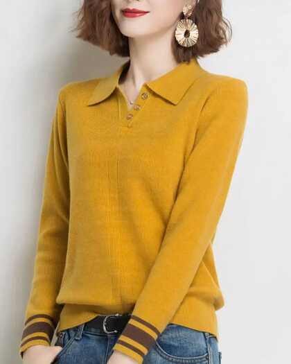 Polo à manches longues pour femme en tricot et bandes claires aux poignets