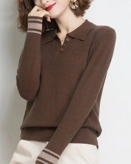 Polo à manches longues pour femme en tricot et bandes claires aux poignets