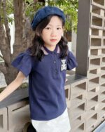Polo d'été bleu marine en coton logo ours pour fille