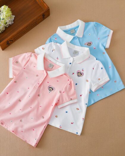 Polo d'été en coton à manches courtes col blanc pour fille