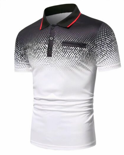 Photo d'un polo de golf noir et blanc à fausse poche poitrine noir et tour de col rouge et noir , patte de boutonnage noire le tout sur un fond blanc