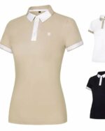 Photo de trois polos de golf femme à col, patte et tour de manches de couleur différente : au premier plan un modèle kaki et au second plan plus petits un modèle noir et un blanc la tout sur un fond blanc