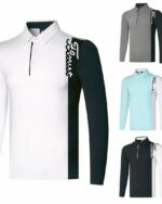 Photo de quatre polos de golf bicolores effet sur une manche un au premier plan blanc et noir puis au second plan trois autres plus petits un gris et noir, un bleu et blanc et un noir et blanc le tout sur un fond blanc