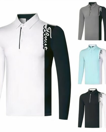 Photo de quatre polos de golf bicolores effet sur une manche un au premier plan blanc et noir puis au second plan trois autres plus petits un gris et noir, un bleu et blanc et un noir et blanc le tout sur un fond blanc