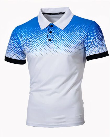 Photo d'un polo blanc et bleu aux boutons et tour de manches noirs avec le haut moucheté de plus en plus clair en descendant le tout sur un fond blanc