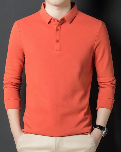 Polo en coton uni à manches longues pour homme