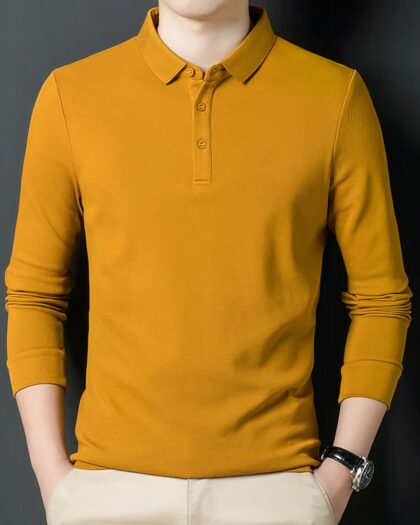 Polo en coton uni à manches longues pour homme