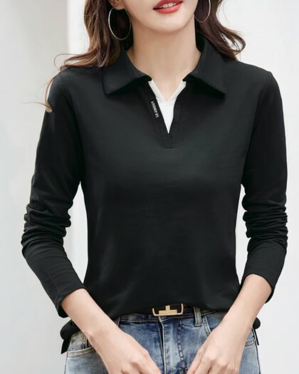 Polo manches longues pour femme, en coton et 6 couleurs