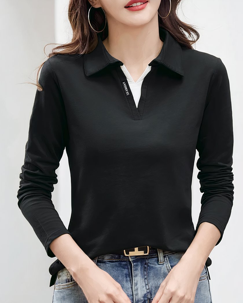 Polo Manches Longues Pour Femme En Coton Et 6 Couleurs Noir M