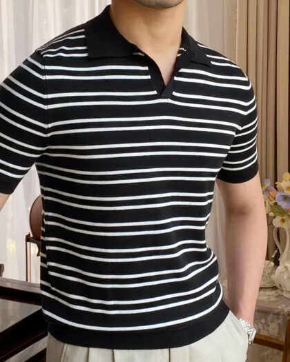 Polo marinière double rayures en viscose sans boutons pour homme