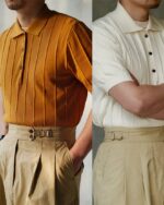 Polo vintage en tricot à côte un orange et un blanc, porté par un homme.