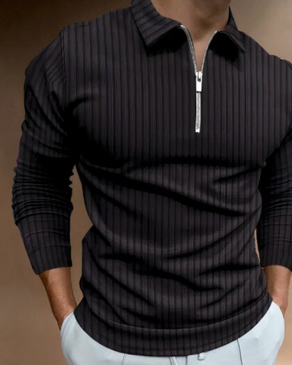 Polo zippé à manches longues rayures discrètes pour homme