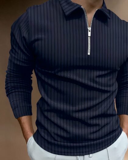 Polo zippé à manches longues rayures discrètes pour homme
