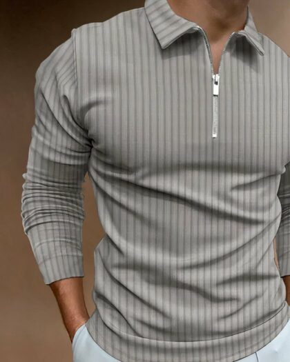 Polo zippé à manches longues rayures discrètes pour homme