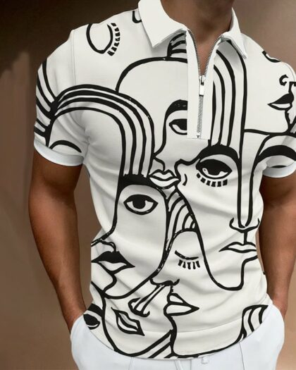 Polo zoppé blanc design visages porté par un homme les mains dans les poches