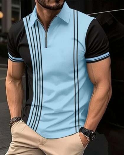 Polo zippé homme bicolore détails rayés