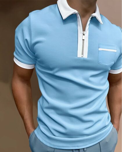 Polo zippé homme bicolore et poche poitrine