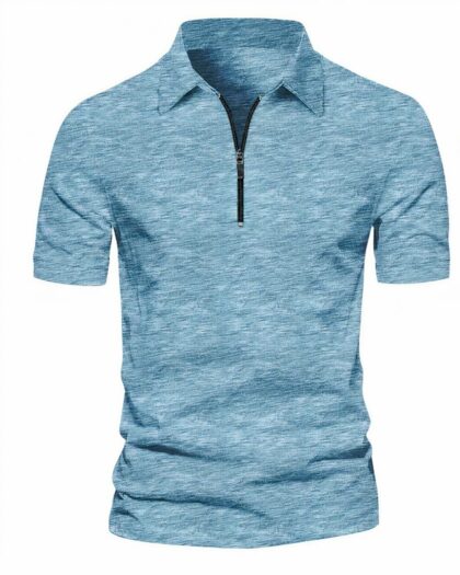 Polo zippé homme effet chiné bleu