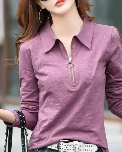 Polo zippé pour femme à manches longues, de 6 coloris