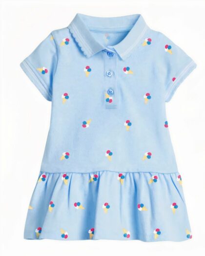 Robe polo à manches courtes bleu ciel en coton pour fille