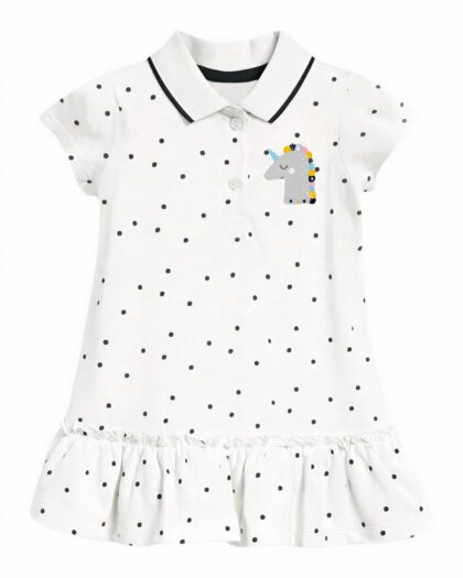 Robe polo blanche à pois noirs d'été logo licorne pour fille