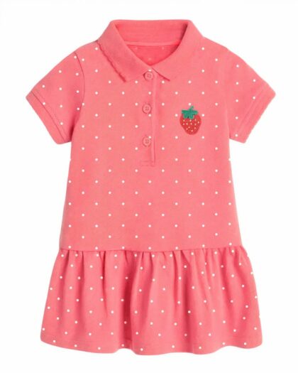 Robe polo rose à pois blancs motif fraise en coton pour fille