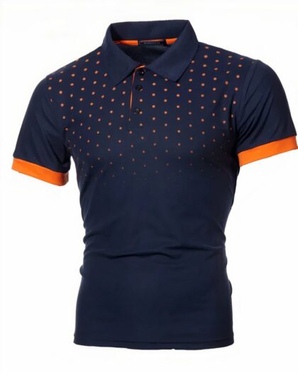 Polo de sport, à manches courtes, bleu marine avec des pois et le bas des manches oranges