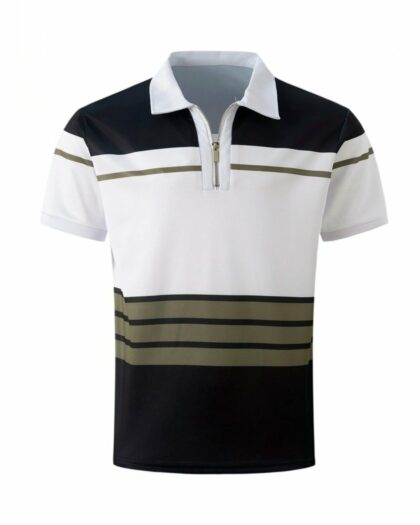 Polo zippé pour homme à rayures trois couleurs, blanc, noir et vert.