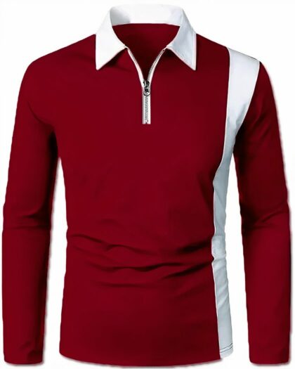 Polo rouge à manches longues avec un col blanc et une bande blanche sur le côté
