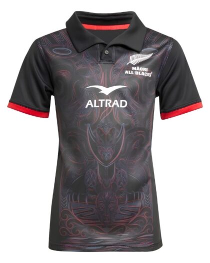 Polo de rugby à l'effigie des All Blacks noir sur fond blanc