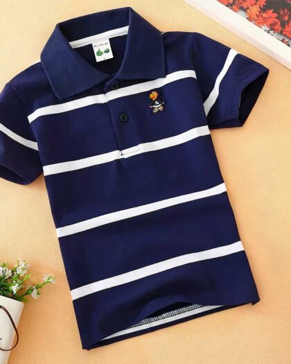 Polo à manches courtes rayures fines bleu marine en coton pour garçon