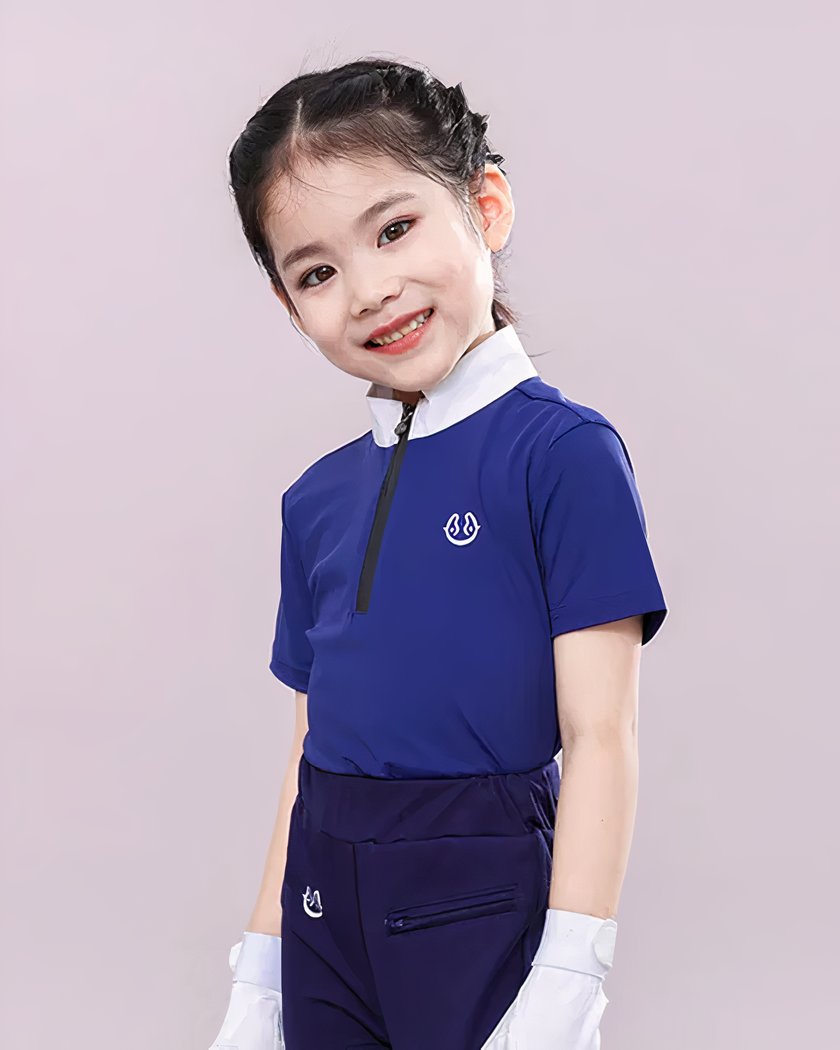 Polo D Equitation Pour Fille A Manches Courtes Avec Un Col Blanc Bleu Marine 5 Ans