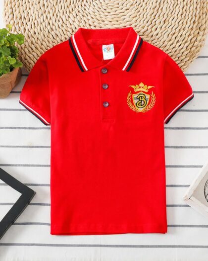 Polo de rugby rouge vif garçon écusson brodé de 2 à 6 ans